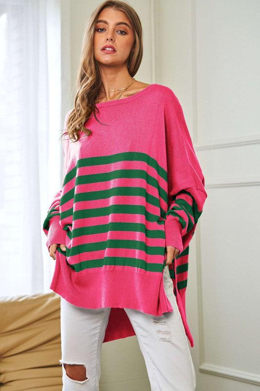 Striped Elbow Patch Oversized Sweater Top - Sweater