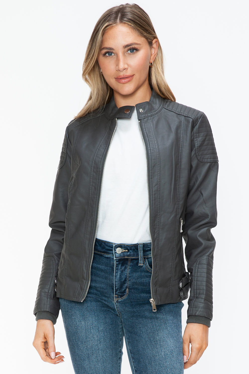 Snobbish Faux Leather Moto Jacket with Side Zip Pockets