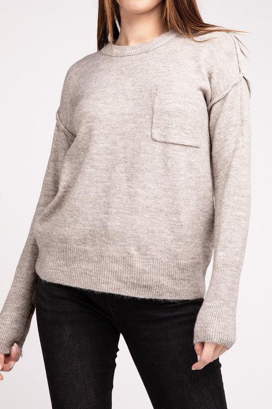 Melange Hi-Low Hem Round Neck Sweater - Sweater