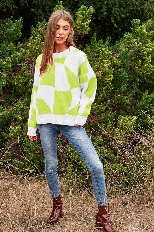 Multi Geo Checker Pullover Knit Sweater Top - Sweater