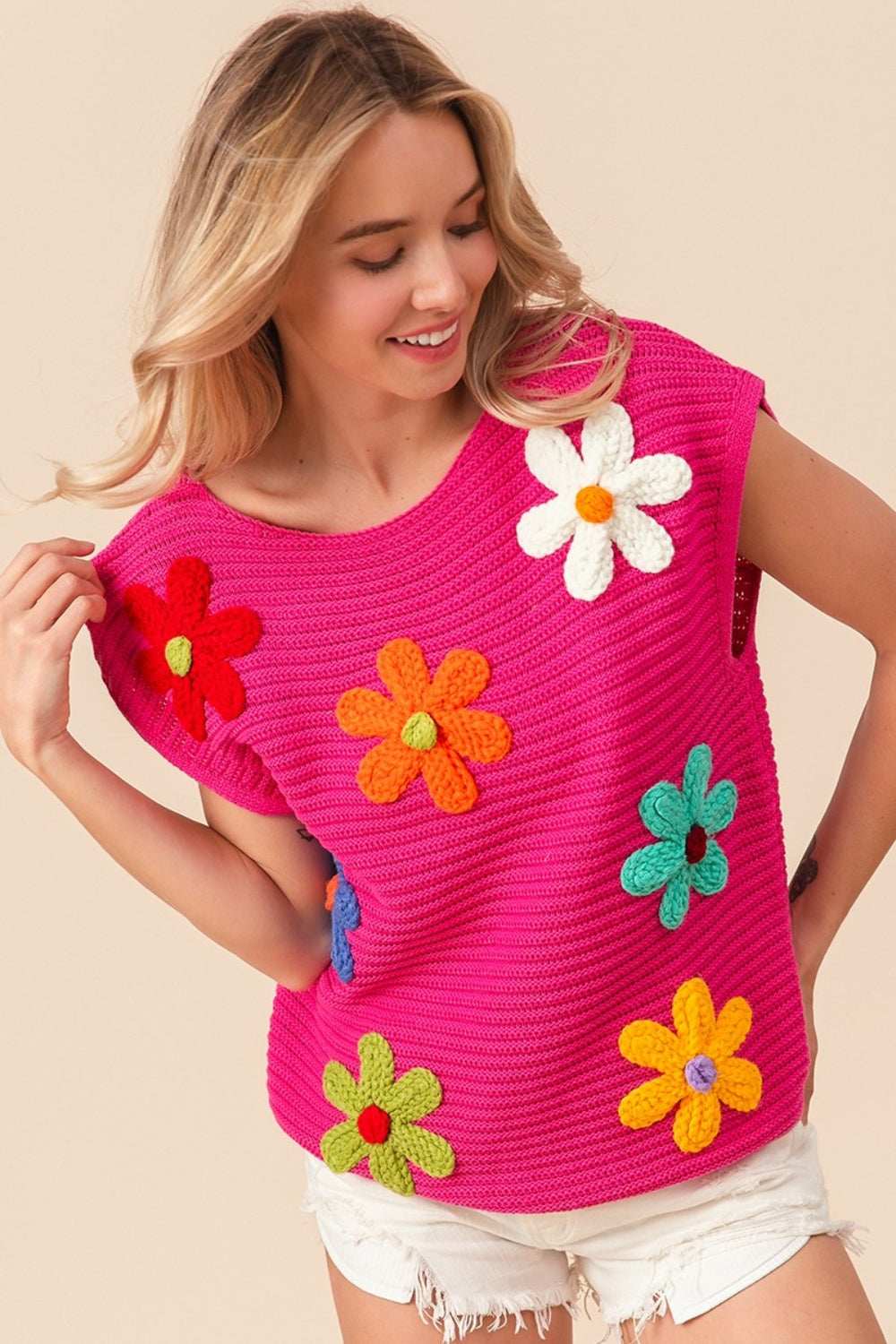 BiBi Flower Round Neck Cap Sleeve Sweater Vest