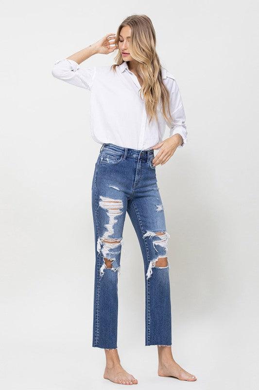 Distressed High Rise Ankle Relaxed Straight Jeans - Jeans