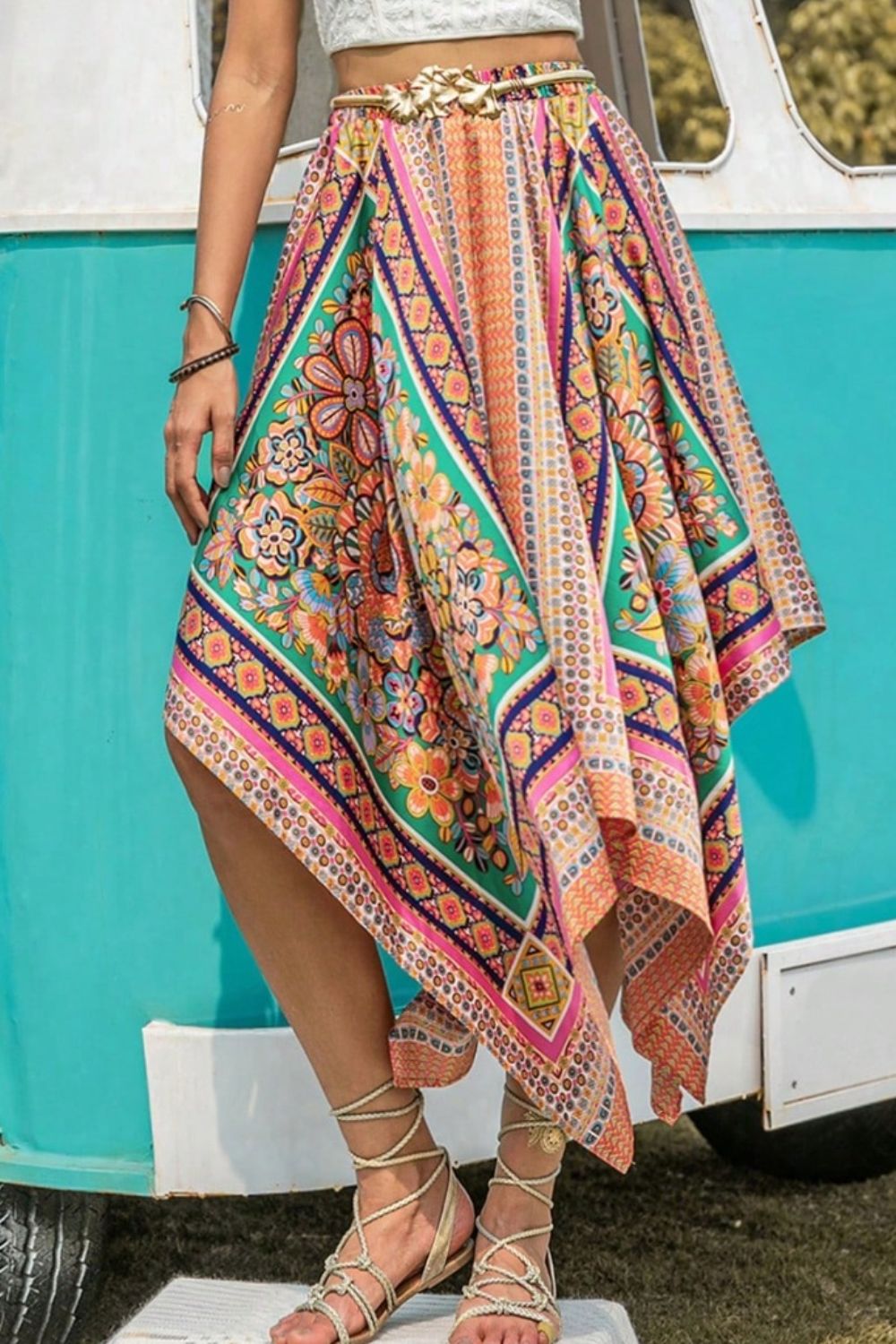 Printed High Waist Handkerchief Hem Midi Skirt