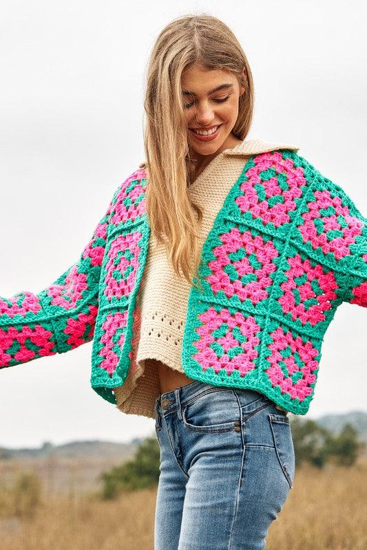 Two-Tone Floral Square Crochet Open Knit Cardigan - Cardigan