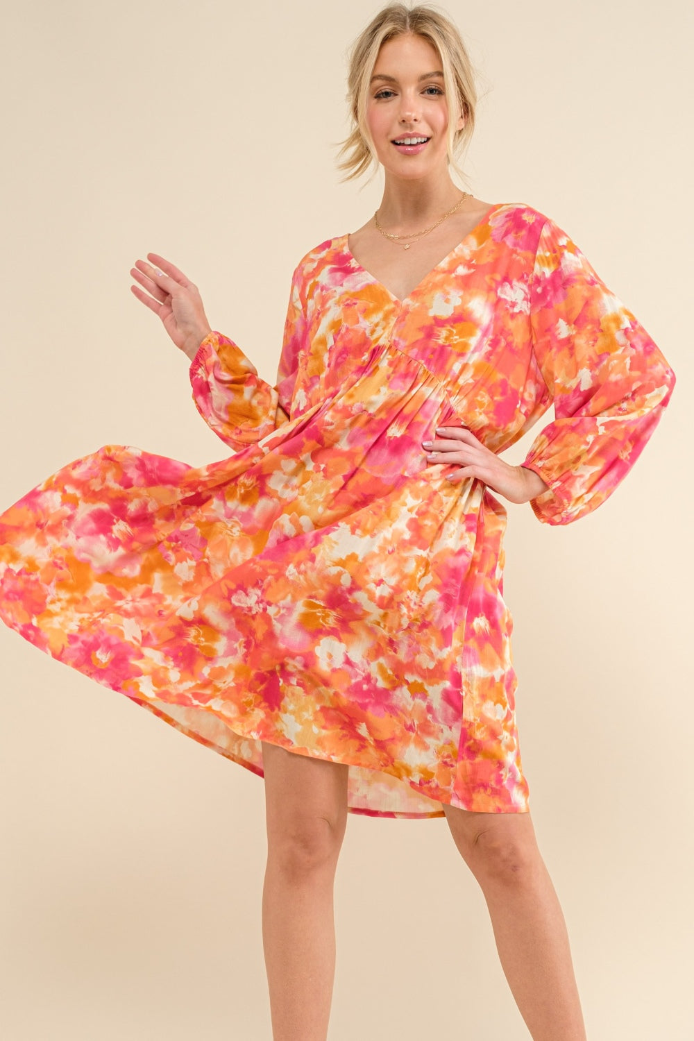 And The Why Full Size Floral Tie Back Long Sleeve Dress