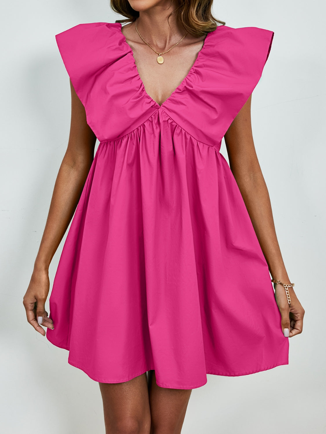 V-Neck Ruched Cap Sleeve Mini Dress