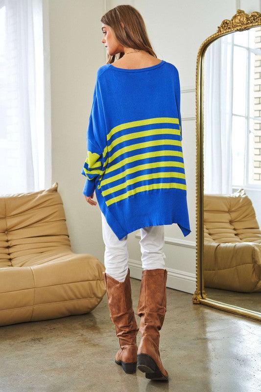 Striped Elbow Patch Oversized Sweater Top - Sweater