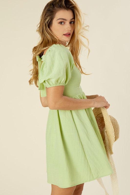 Tie Back Mini Dress With Puff Sleeves - Dresses