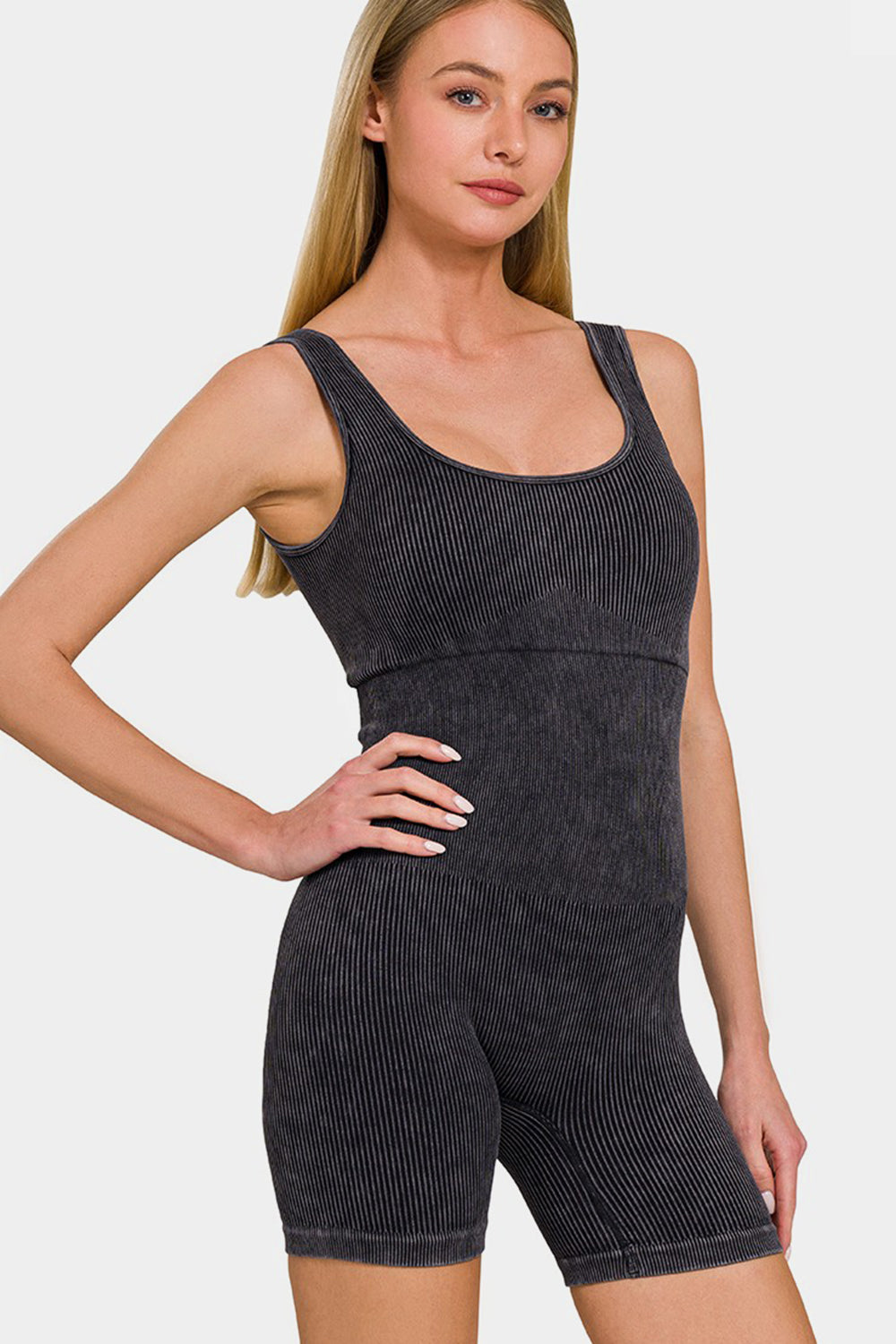 Zenana Washed Ribbed Active Romper with Pad