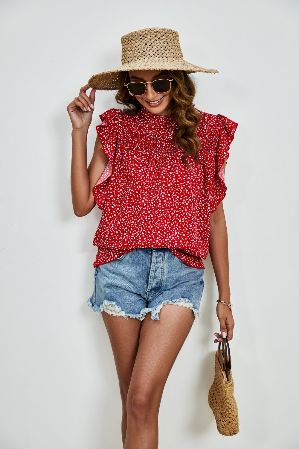 Ruffled Ditsy Floral Mock Neck Cap Sleeve Top