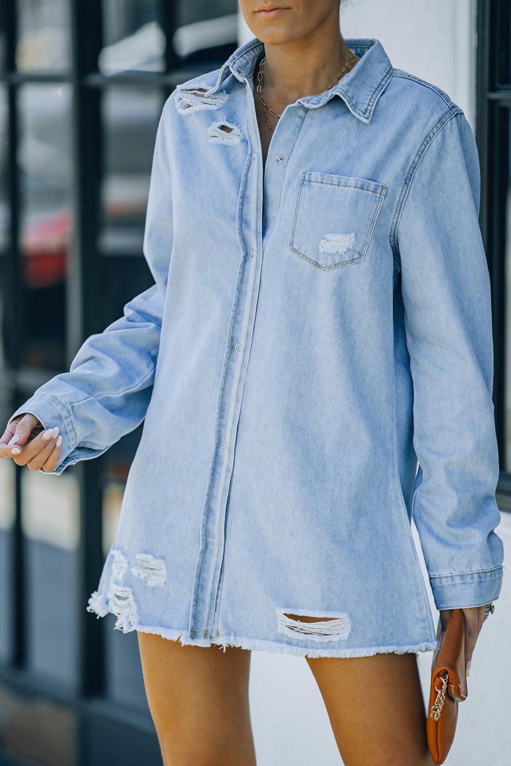 Distressed Snap Down Denim Jacket - Jacket