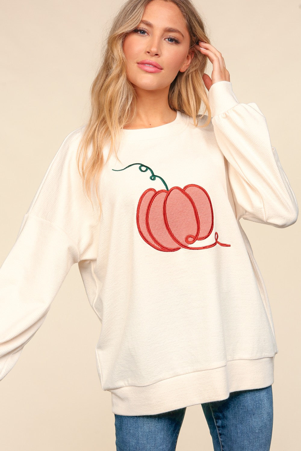 Haptics Full Size Embroidery Pumpkin Long Sleeve Sweatshirt