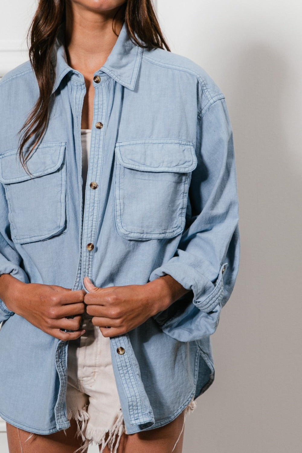 BiBi Button Down Stitch Detail Denim Shirt with Chest Pockets