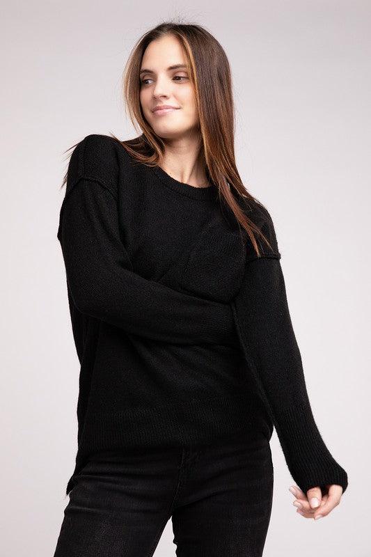 Melange Hi-Low Hem Round Neck Sweater - Sweater