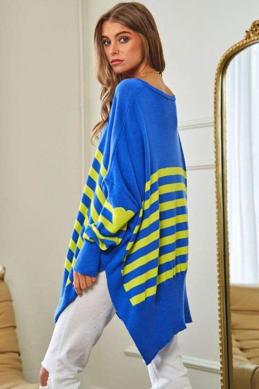 Striped Elbow Patch Oversized Sweater Top - Sweater