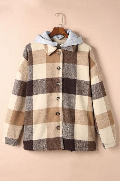 Button Up Plaid Hooded Shacket - Jacket