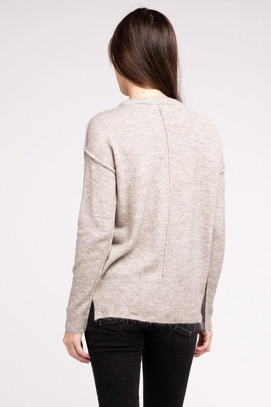 Melange Hi-Low Hem Round Neck Sweater - Sweater