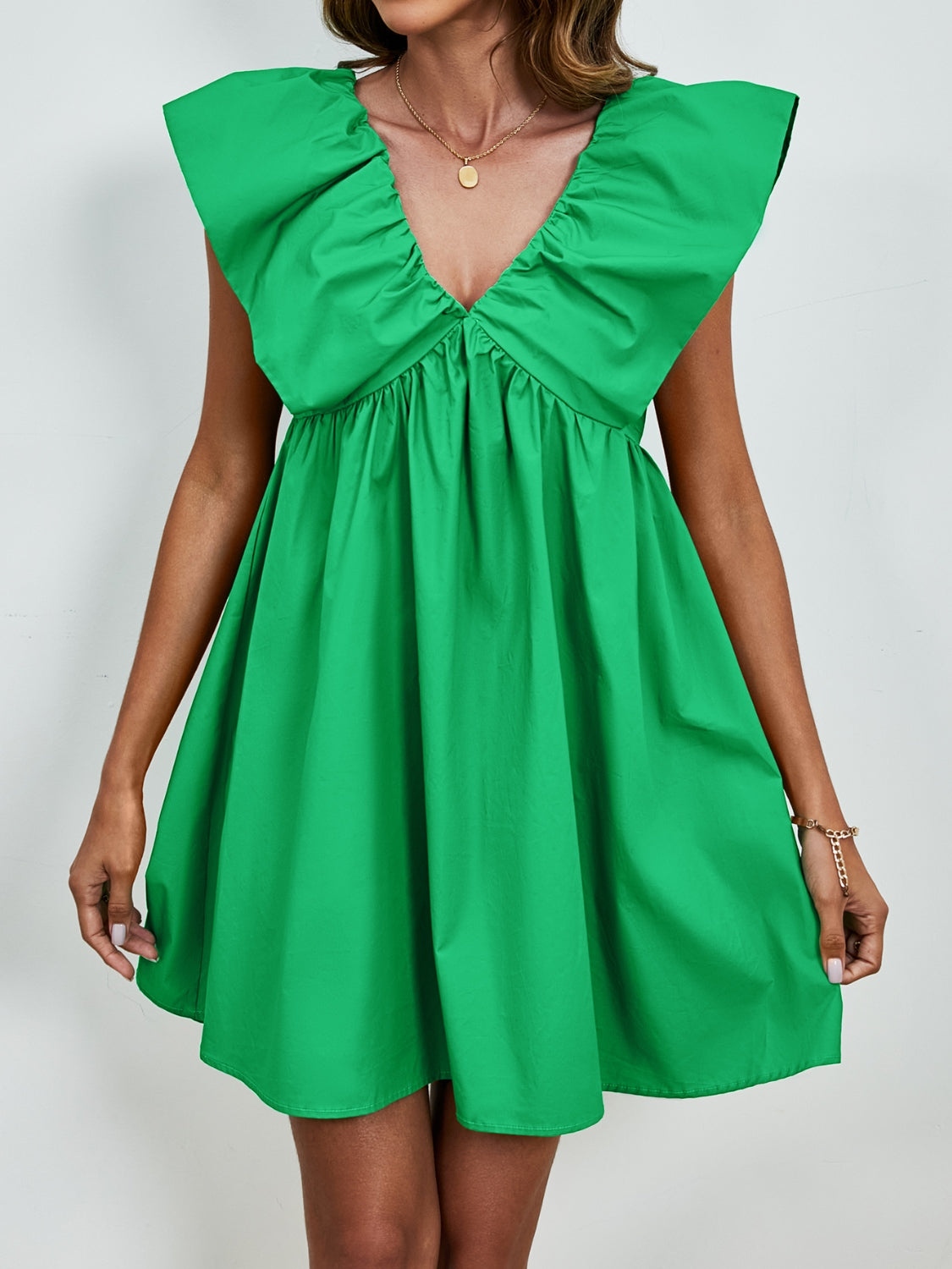 V-Neck Ruched Cap Sleeve Mini Dress