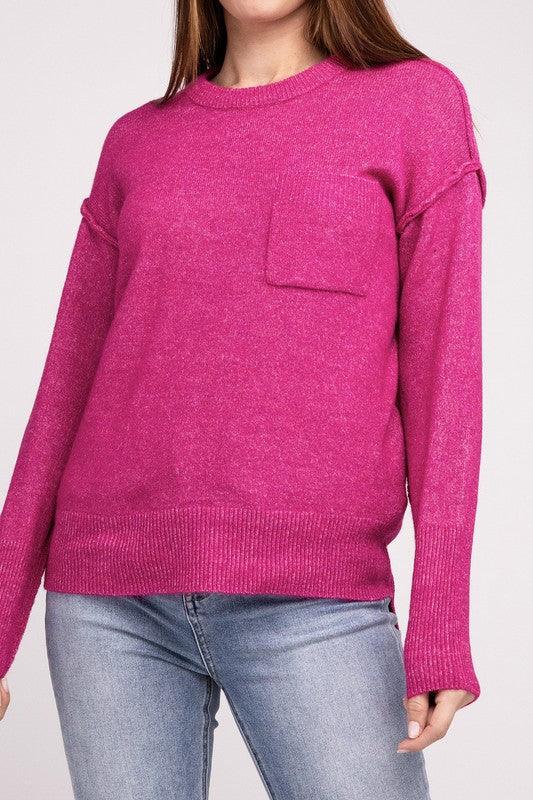 Melange Hi-Low Hem Round Neck Sweater - Sweater