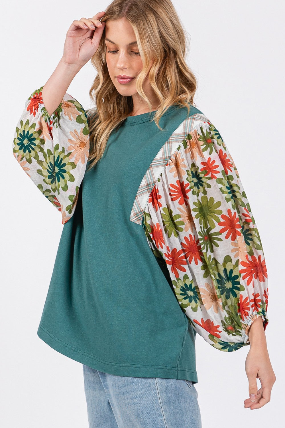 SAGE + FIG Full Size Floral Balloon Sleeve Contrast Top