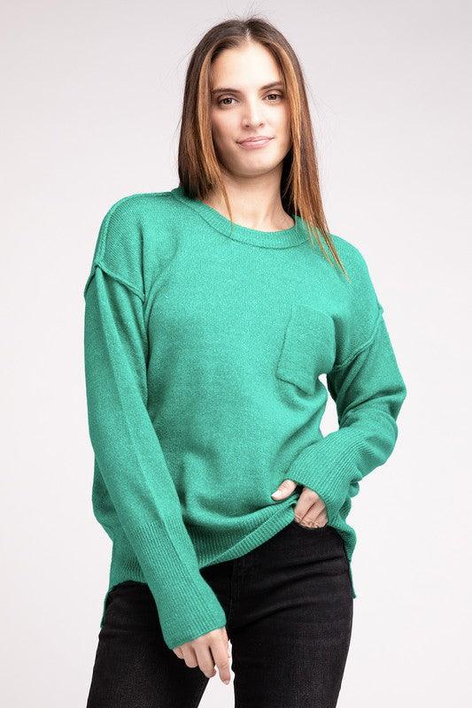 Melange Hi-Low Hem Round Neck Sweater - Sweater