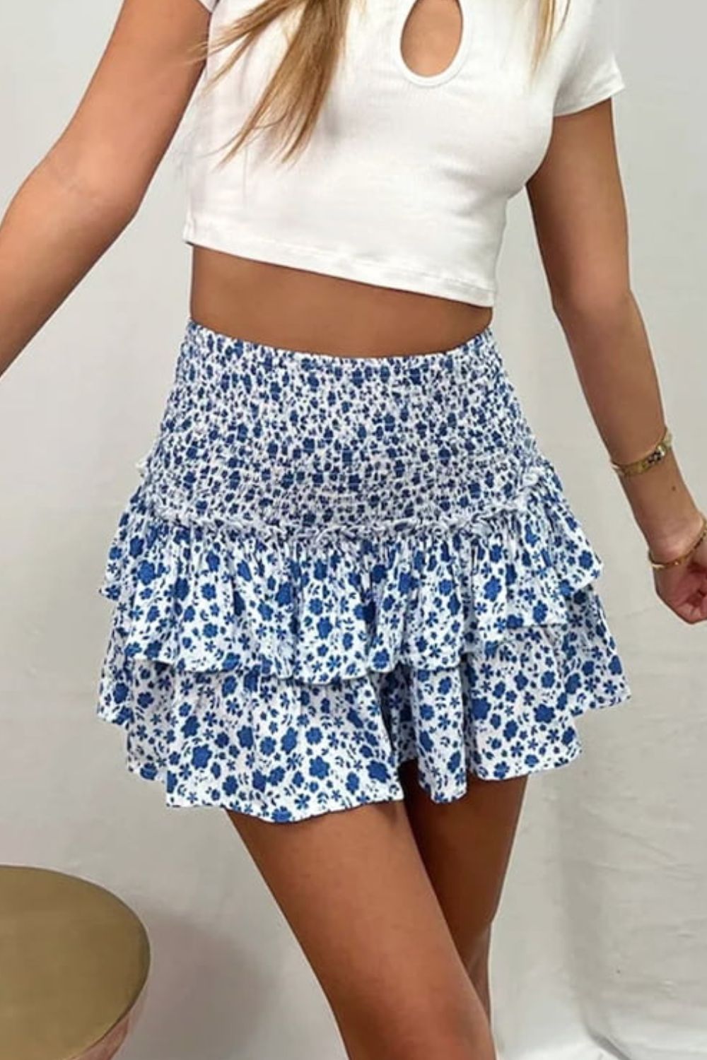 Floral Frill Trim Smocked Mini Skirt