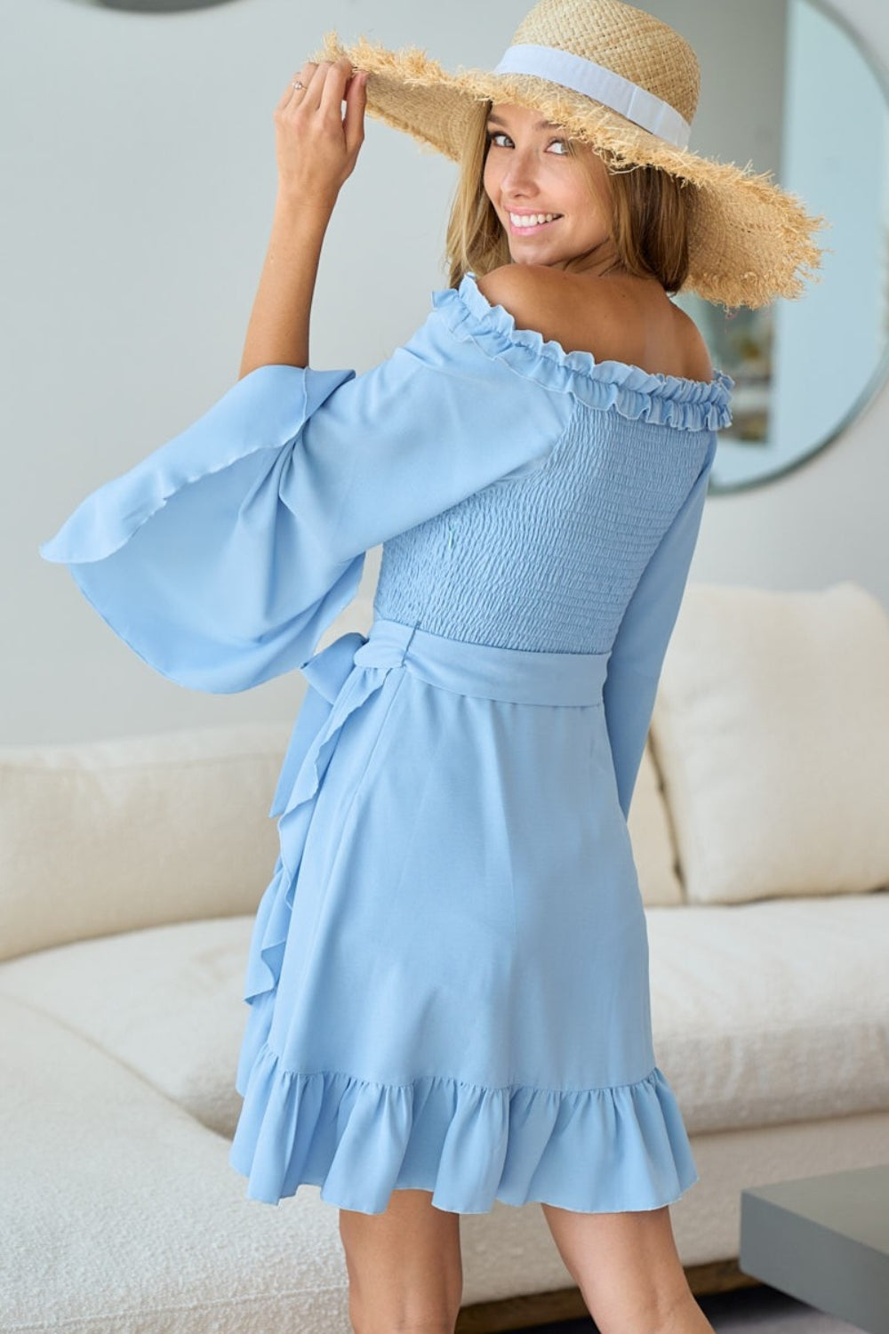 BiBi Smocked Ruffled Front Tie Off Shoulder Mini Dress