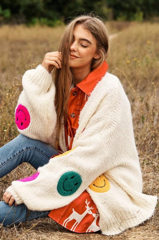 The Fuzzy Smile Long Bell Sleeve Knit Cardigan - Cardigan