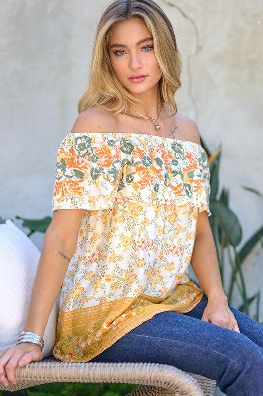 Printed Off Shoulder Smocked Top - Top