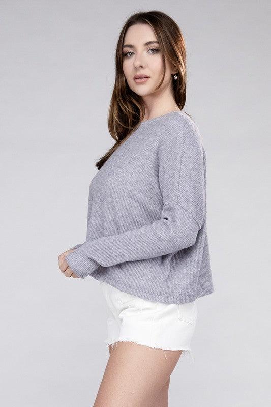 Zenana Ribbed Dolman Long Sleeve Sweater - Sweater