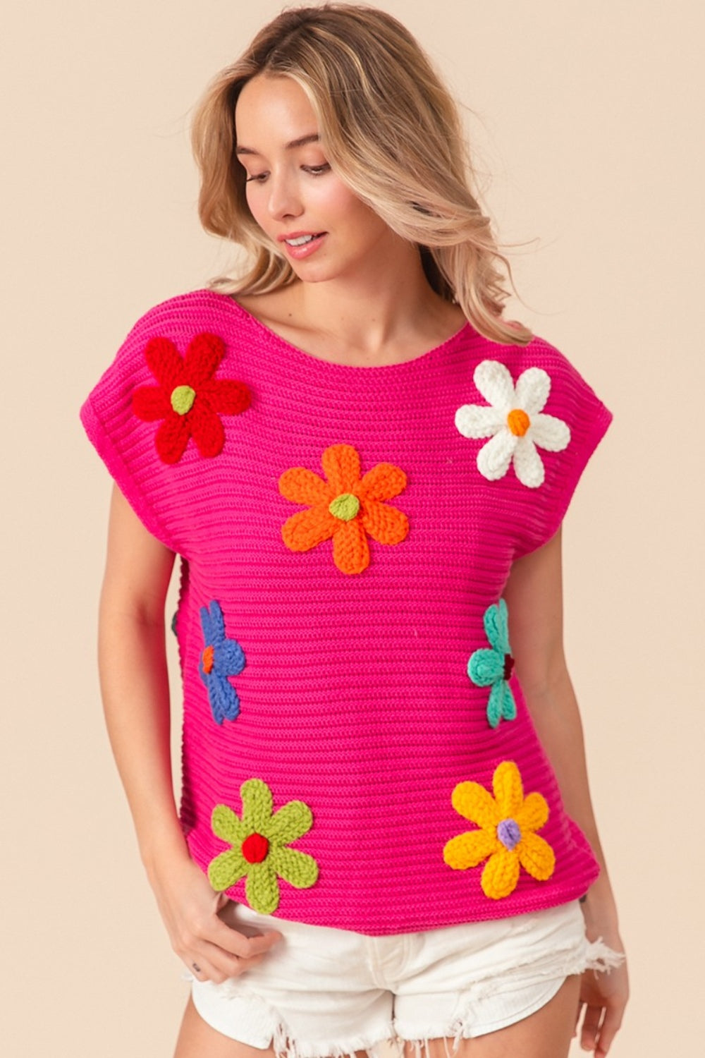 BiBi Flower Round Neck Cap Sleeve Sweater Vest