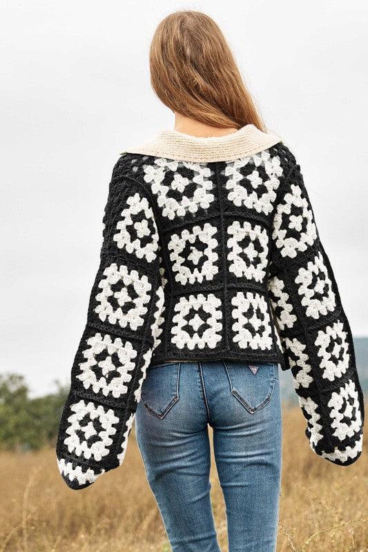 Two-Tone Floral Square Crochet Open Knit Cardigan - Cardigan