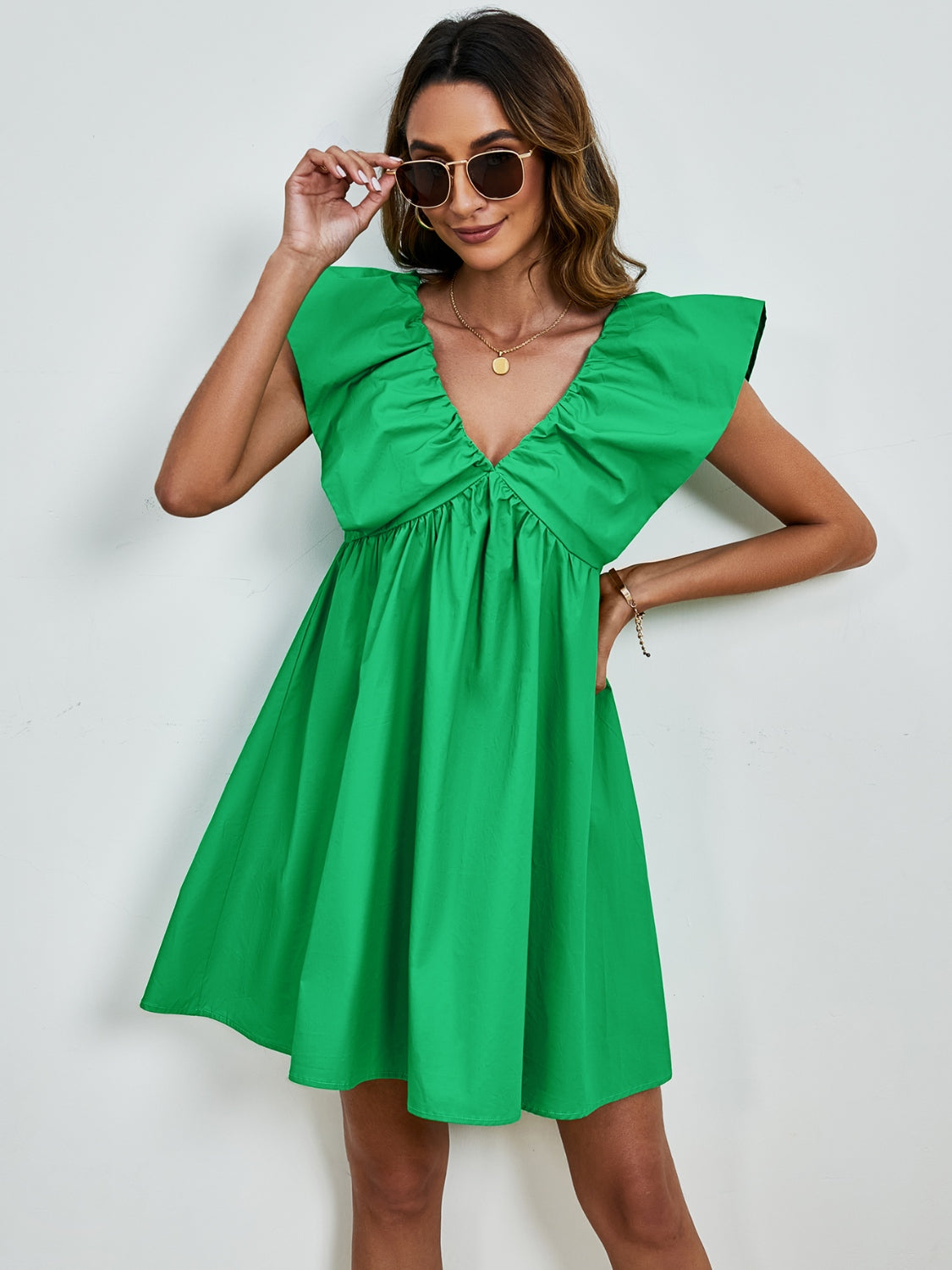 V-Neck Ruched Cap Sleeve Mini Dress