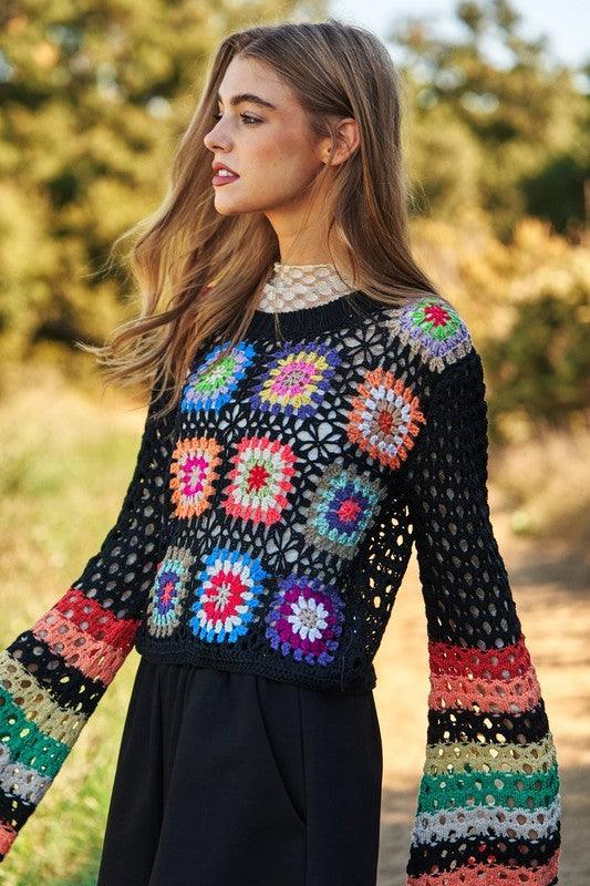 Floral Crochet Striped Sleeve Cropped Knit Sweater - Sweater