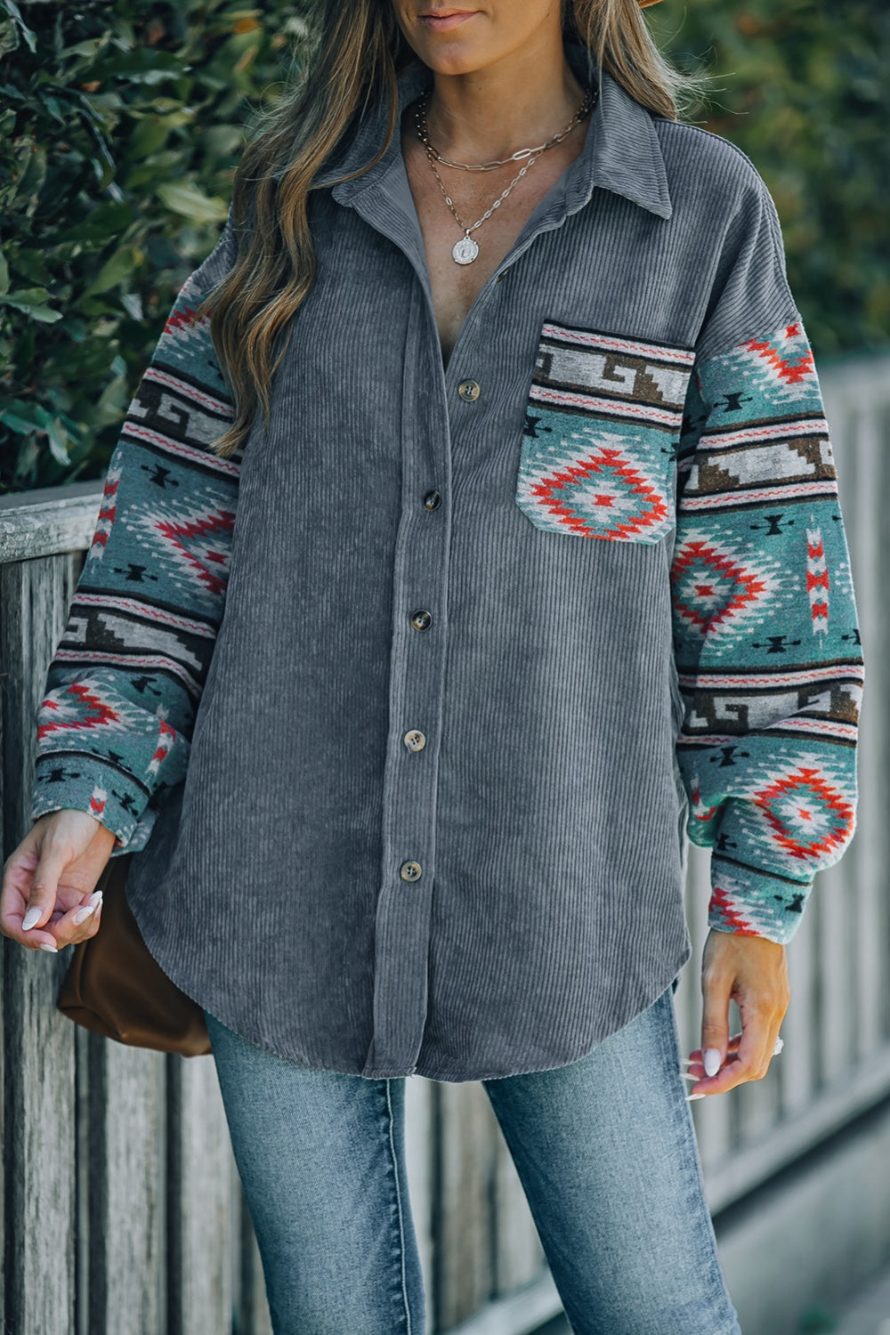 Aztec Button Up Dropped Shoulder Shirt Jacket