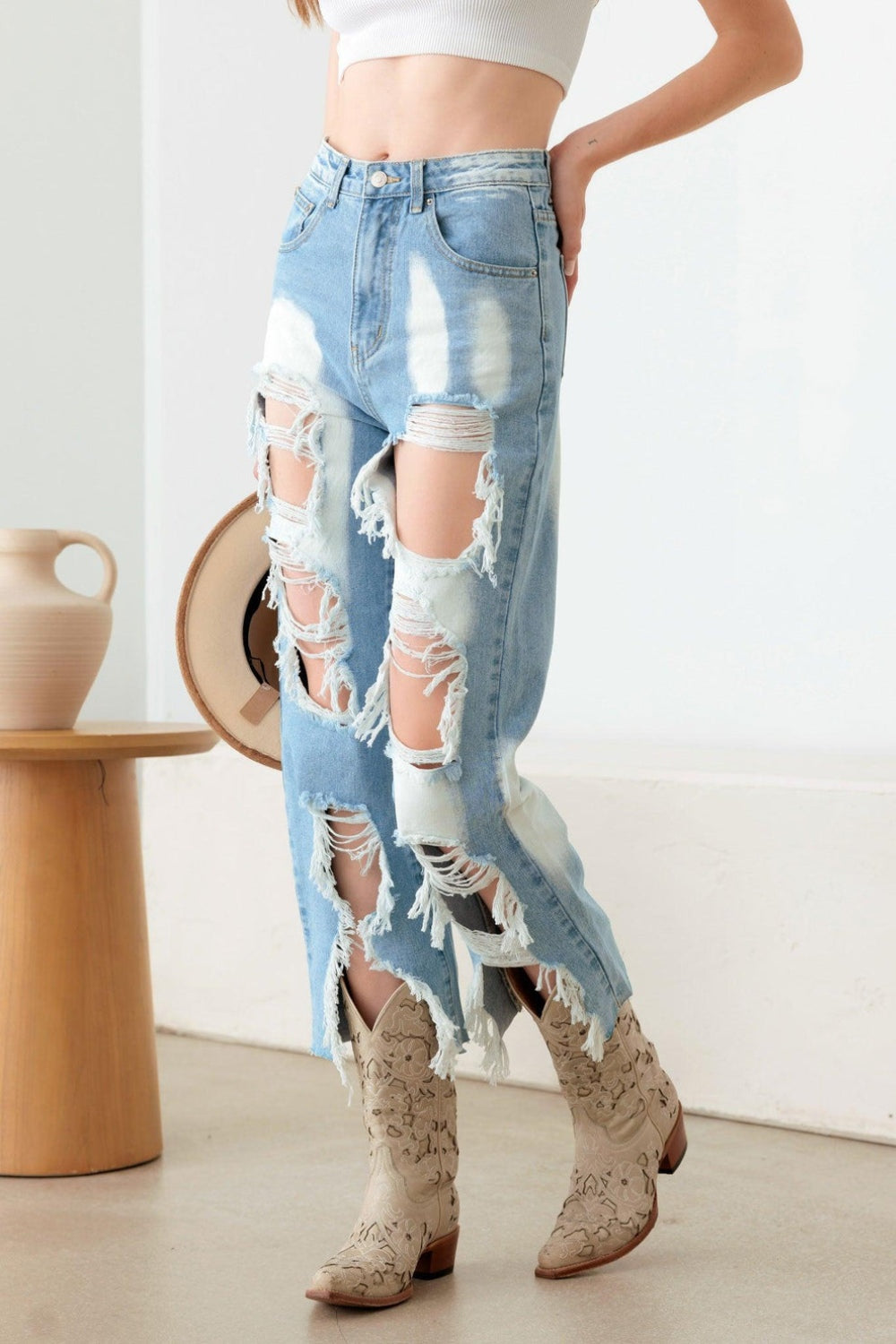 Litz La Frayed Cut Distressed High Rise Jeans