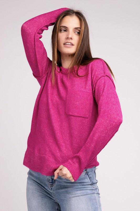 Melange Hi-Low Hem Round Neck Sweater - Sweater