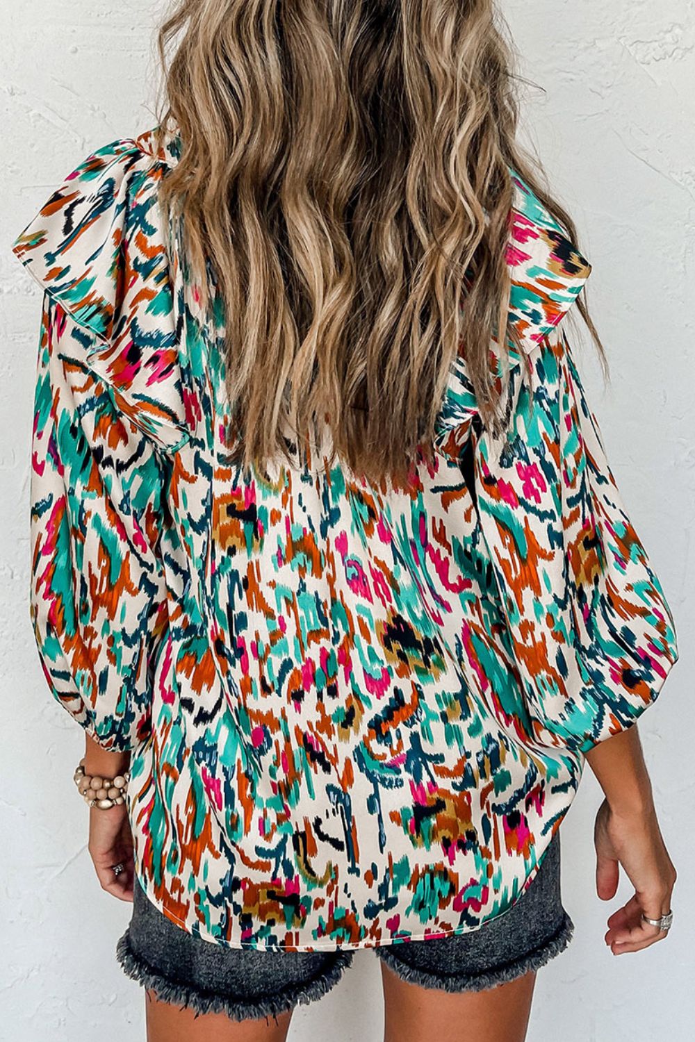 Printed Notched Neck Long Sleeve Blouse