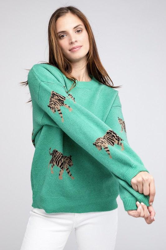 Tiger Pattern Pullover Sweater - Sweater