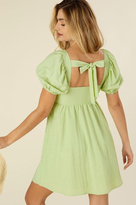 Tie Back Mini Dress With Puff Sleeves - Dresses