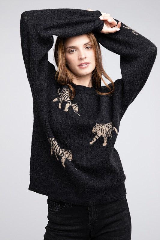 Tiger Pattern Pullover Sweater - Sweater