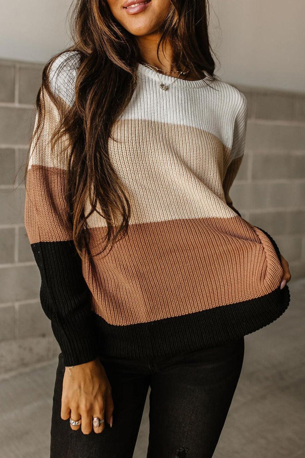 Color Block Round Neck Knit Sweater - Sweater