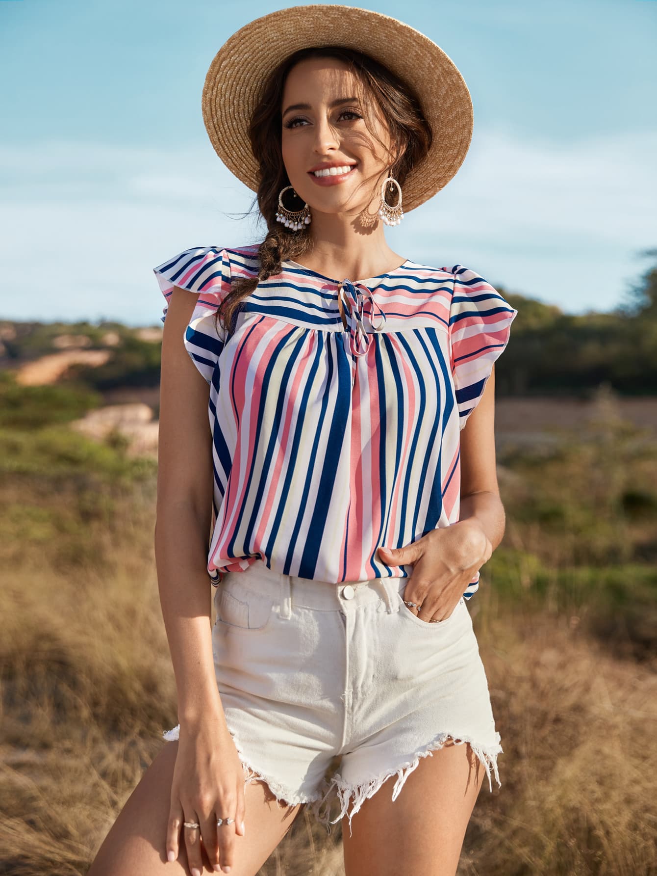 Striped Flutter Sleeve Tied Top