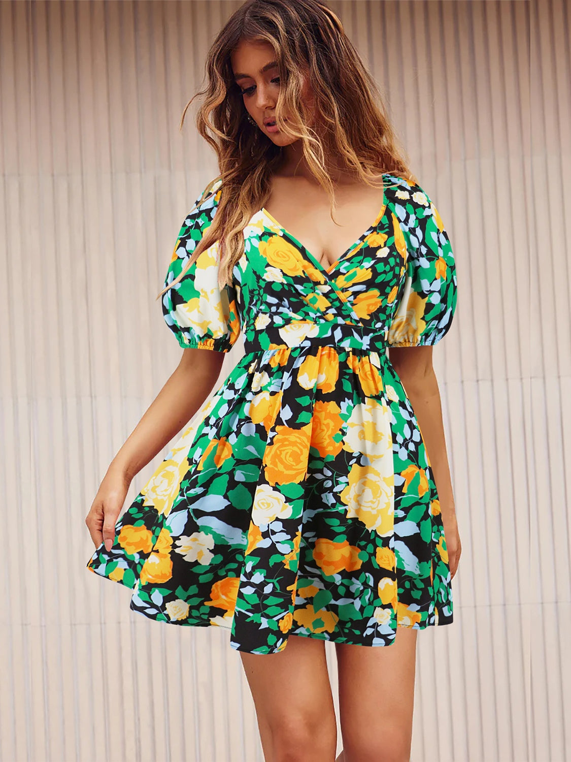 Floral Surplice Short Sleeve Mini Dress