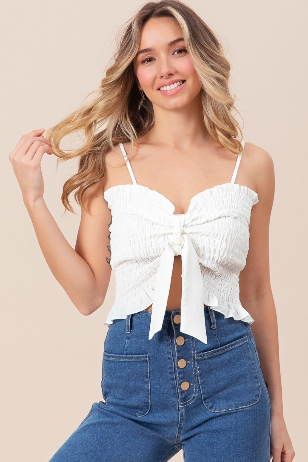 BiBi Ruffled Smocked Ribbon Detail Cami Top