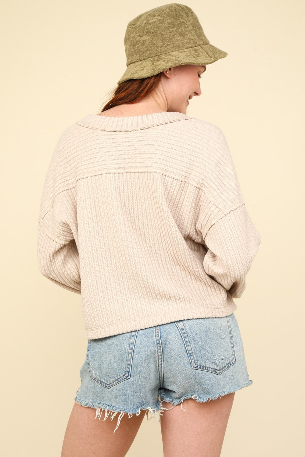 VERY J Exposed Seam V-Neck Ribbed Sweater