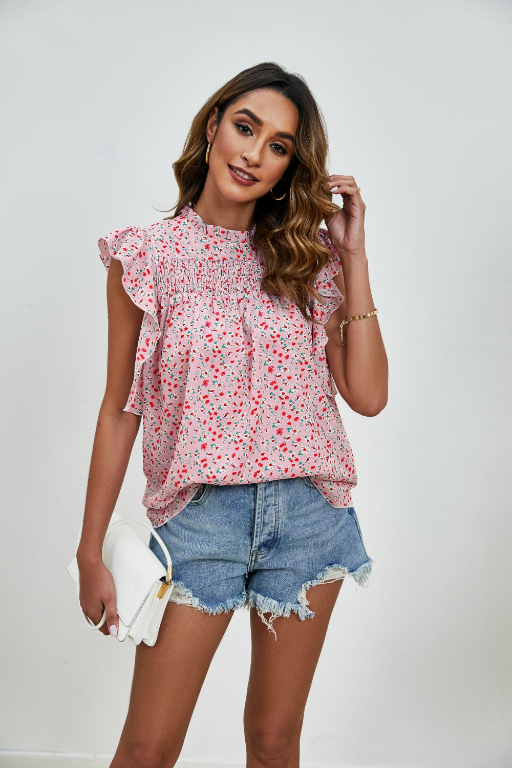 Ruffled Ditsy Floral Mock Neck Cap Sleeve Top