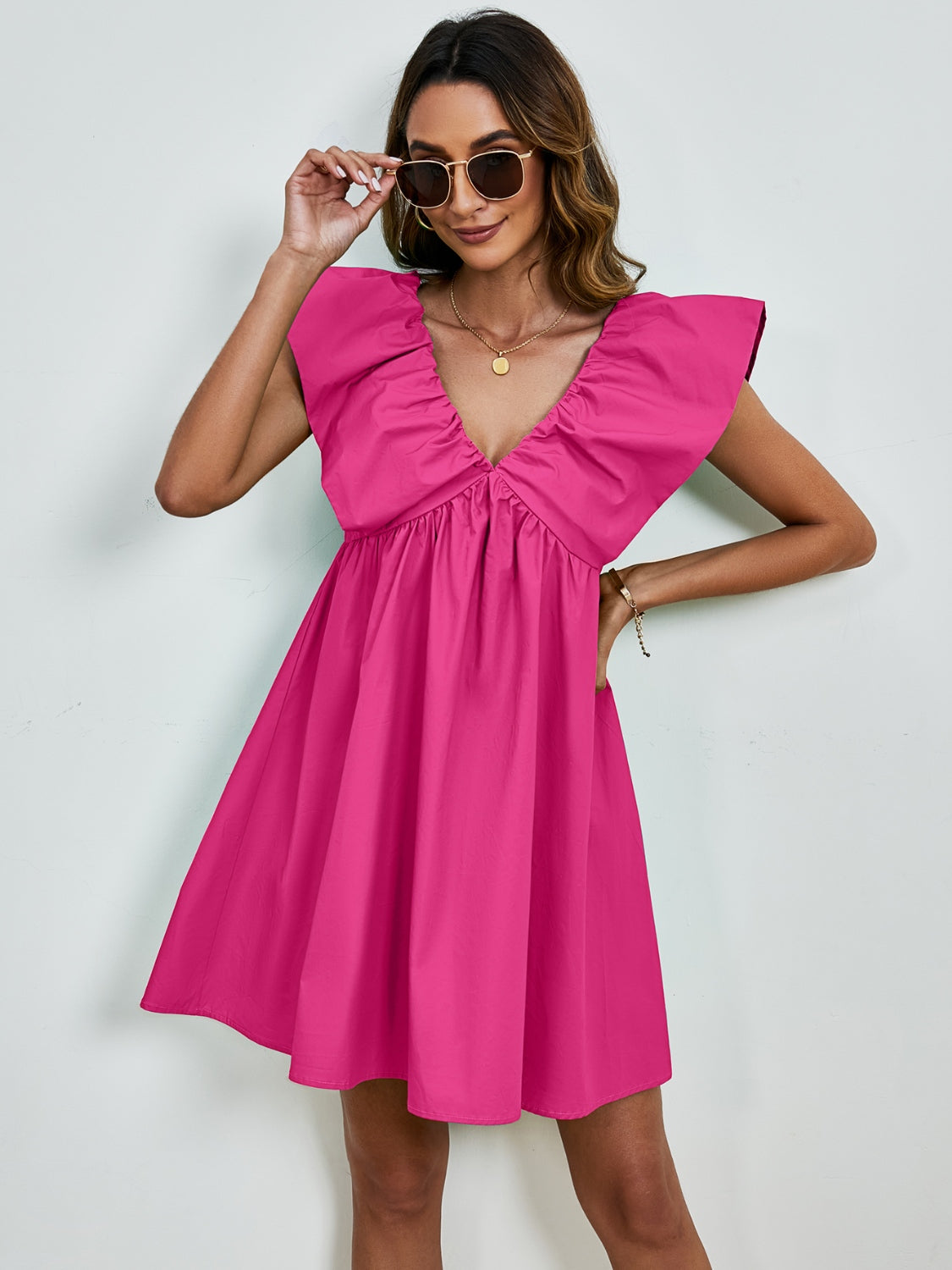 V-Neck Ruched Cap Sleeve Mini Dress