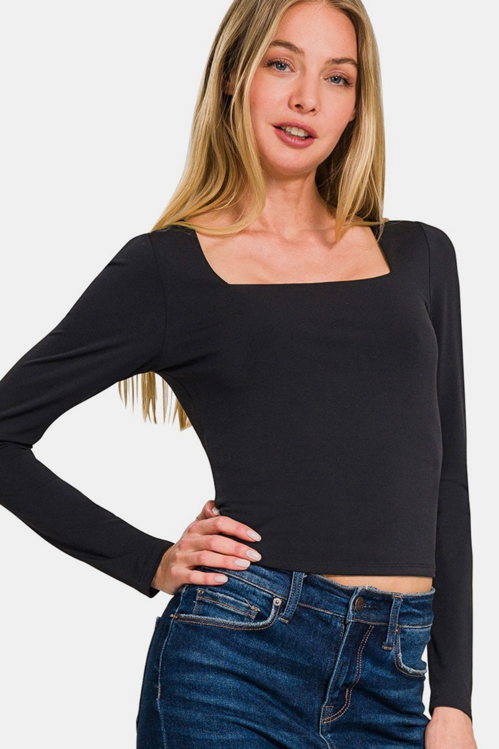 Zenana Square Neck Fitted Long Sleeve Top