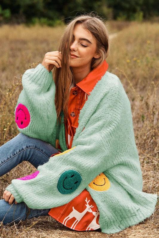 The Fuzzy Smile Long Bell Sleeve Knit Cardigan - Cardigan